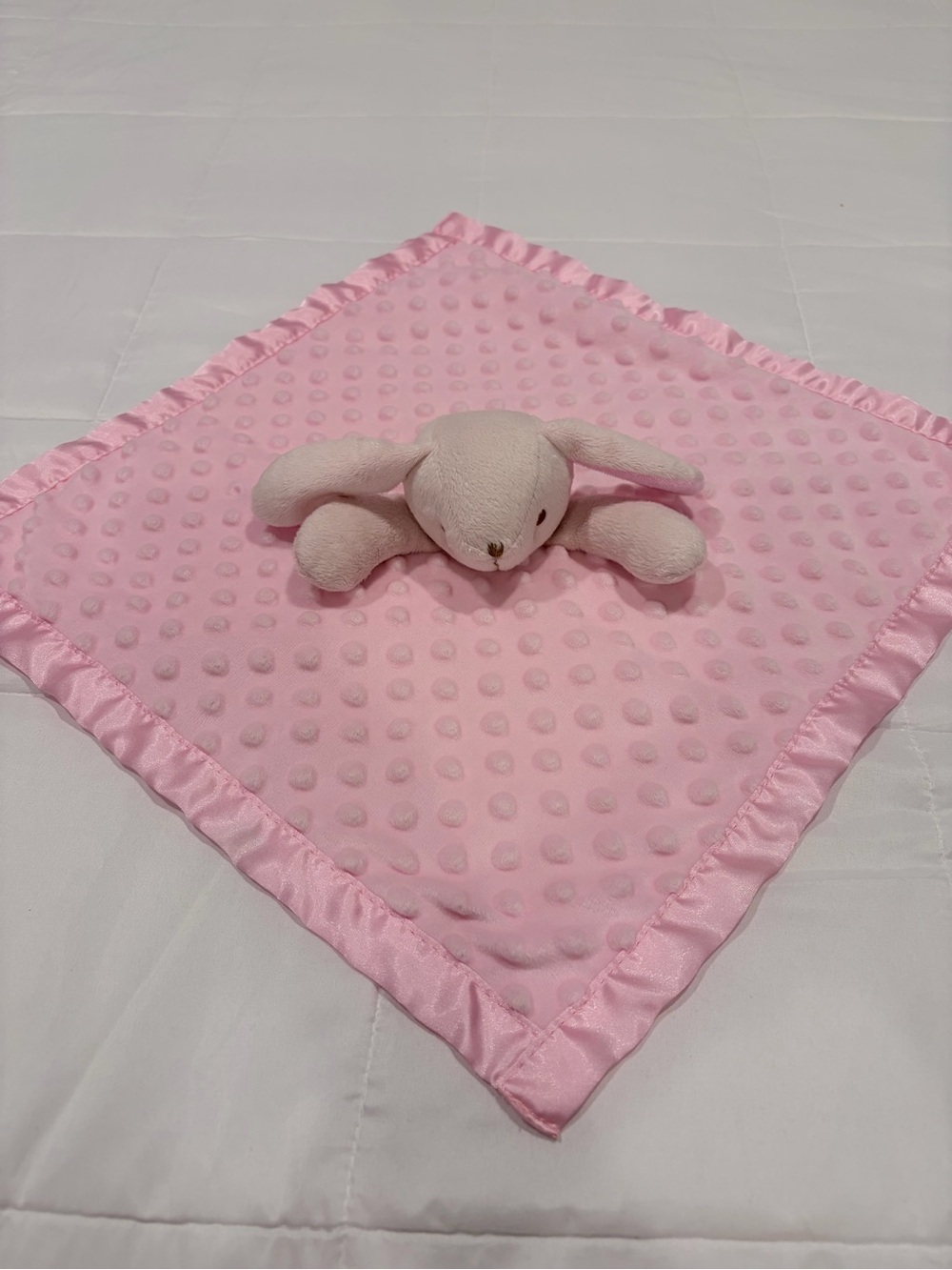 Pink Bunny Security Blanket Lovey – Minky Dot Baby Comfort Blanket Satin Back